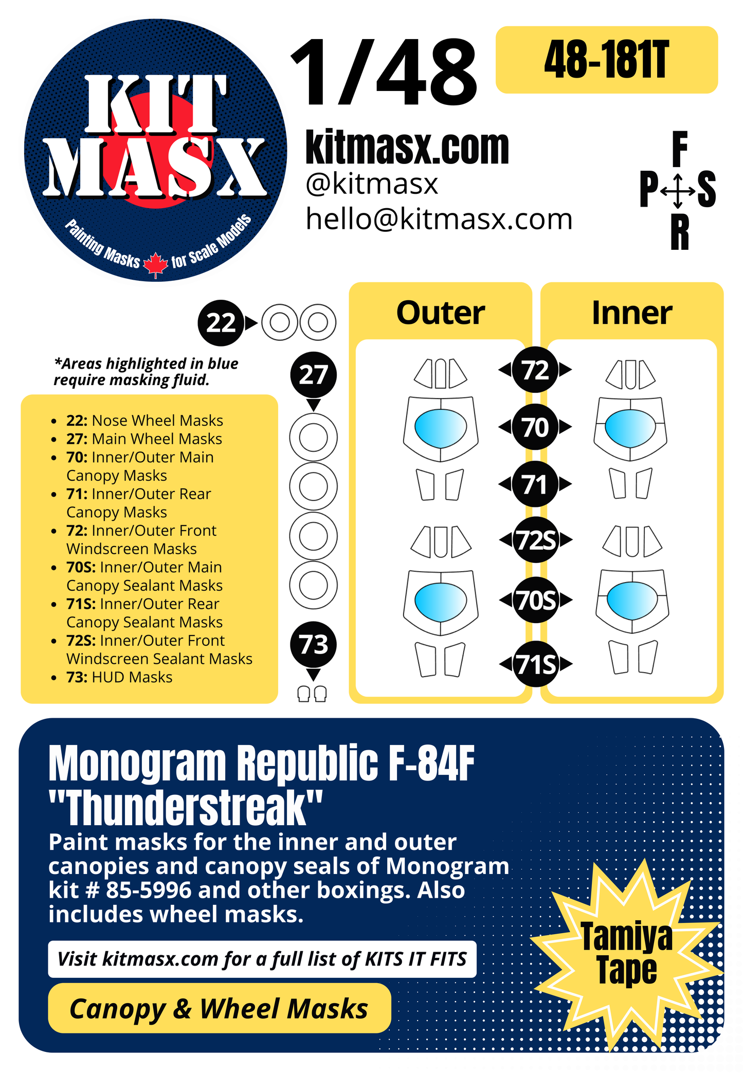 Monogram Republic F-84F "Thunderstreak" 1/48 Canopy & Wheel Paint Masks, Kit # 85-5996