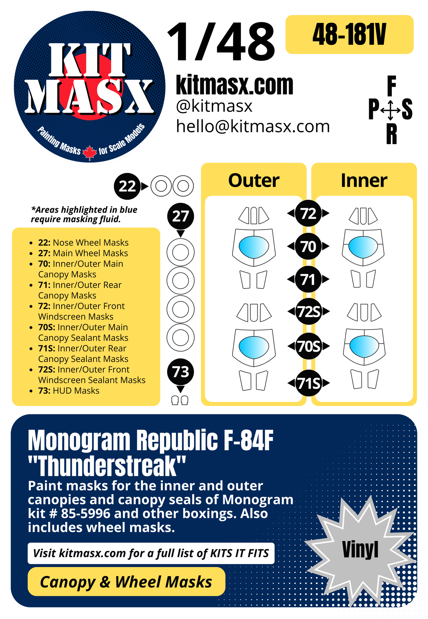 Monogram Republic F-84F "Thunderstreak" 1/48 Canopy & Wheel Paint Masks, Kit # 85-5996