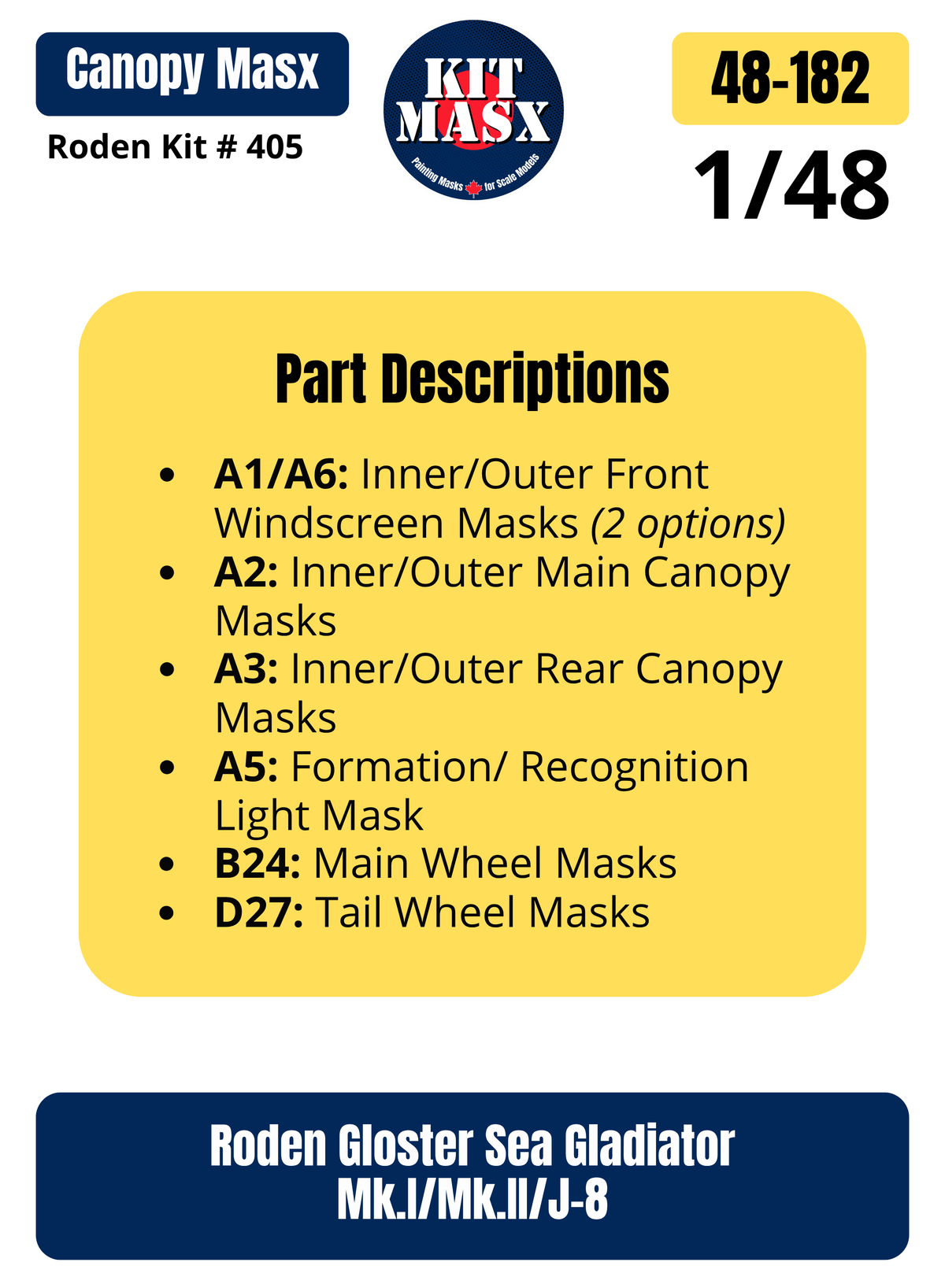 Roden Gloster Sea Gladiator Mk.I/Mk.II/J-8 1/48 Canopy & Wheel Paint Masks, Kit # 405 (48182)