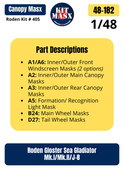 Roden Gloster Sea Gladiator Mk.I/Mk.II/J-8 1/48 Canopy & Wheel Paint Masks, Kit # 405 (48182)