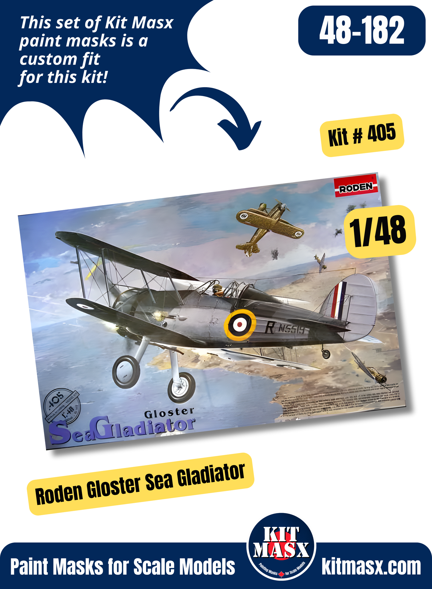 Roden Gloster Sea Gladiator Mk.I/Mk.II/J-8 1/48 Canopy & Wheel Paint Masks, Kit # 405