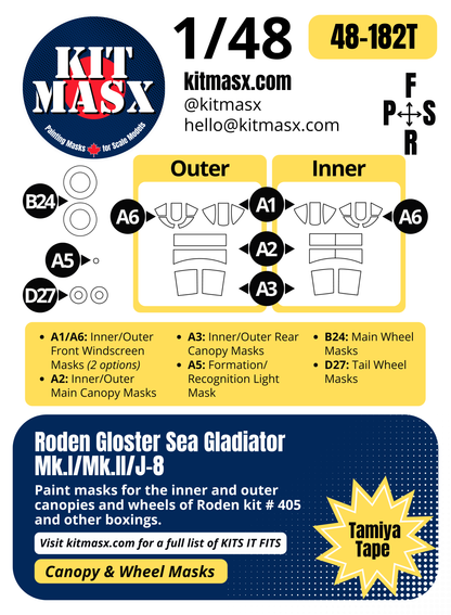 Roden Gloster Sea Gladiator Mk.I/Mk.II/J-8 1/48 Canopy & Wheel Paint Masks, Kit # 405
