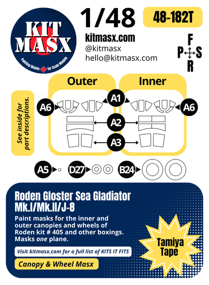 Roden Gloster Sea Gladiator Mk.I/Mk.II/J-8 1/48 Canopy & Wheel Paint Masks, Kit # 405 (48182)