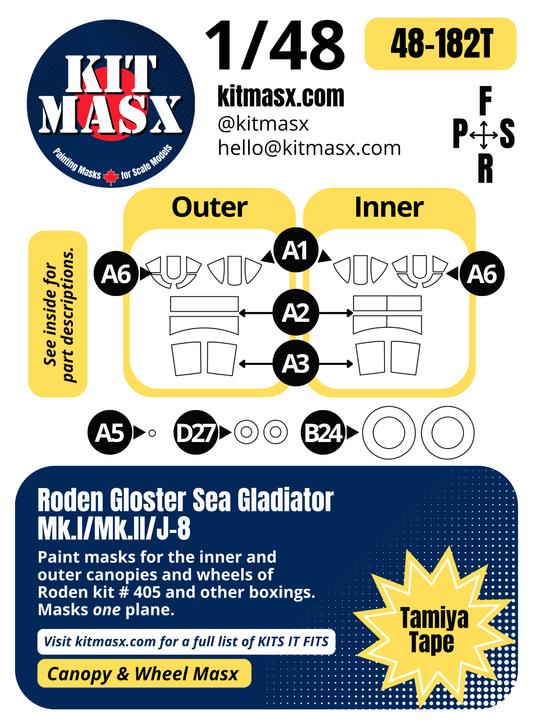 Roden Gloster Sea Gladiator Mk.I/Mk.II/J-8 1/48 Canopy & Wheel Paint Masks, Kit # 405 (48182)