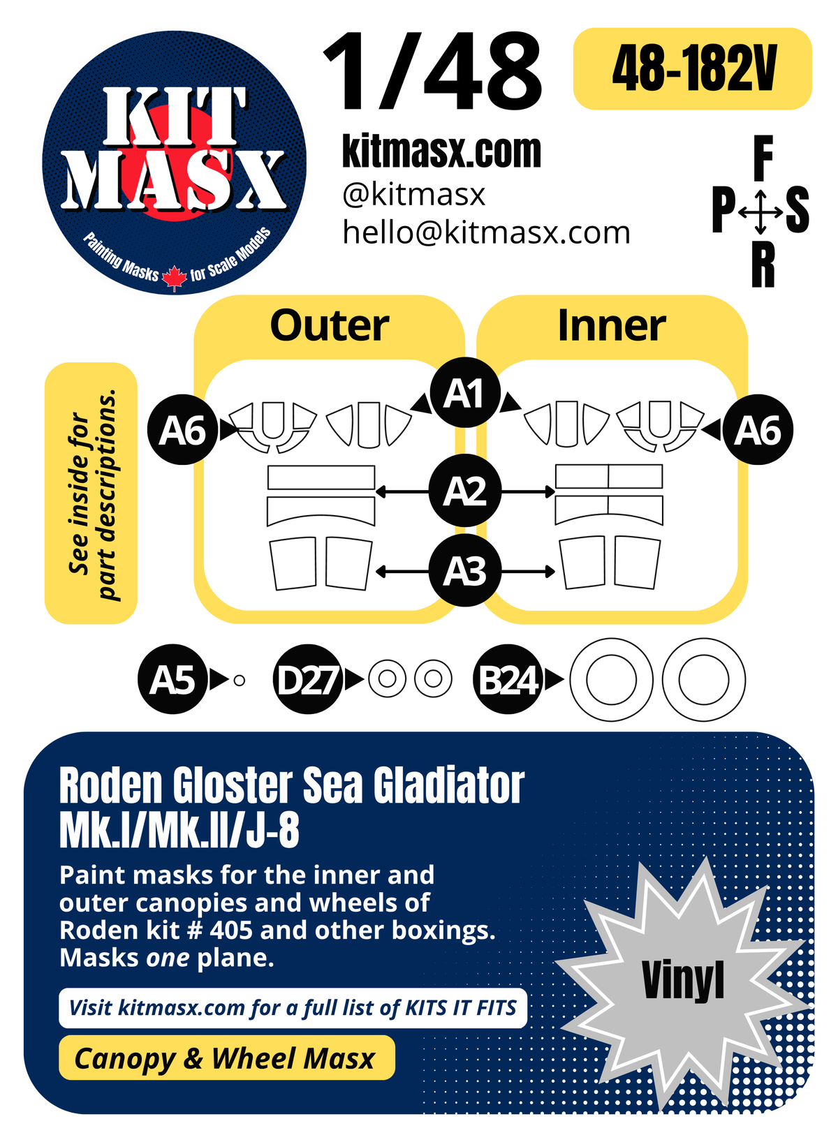 Roden Gloster Sea Gladiator Mk.I/Mk.II/J-8 1/48 Canopy & Wheel Paint Masks, Kit # 405 (48182)