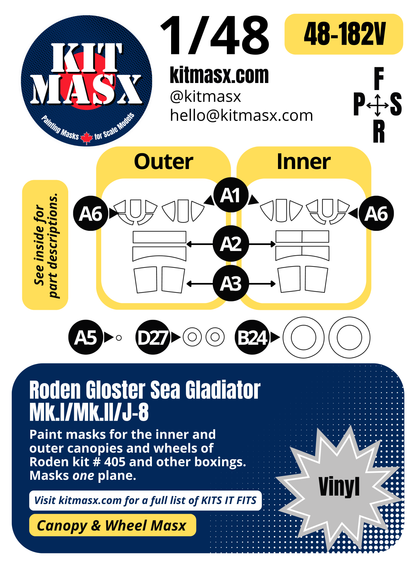 Roden Gloster Sea Gladiator Mk.I/Mk.II/J-8 1/48 Canopy & Wheel Paint Masks, Kit # 405 (48182)