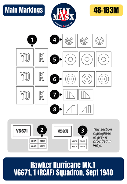 Hawker Hurricane Mk.1 V6671, 1 (RCAF) Squadron, Sept 1940 1/48 Main Marking Paint Masks