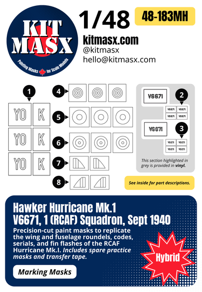 Hawker Hurricane Mk.1 V6671, 1 (RCAF) Squadron, Sept 1940 1/48 Main Marking Paint Masks