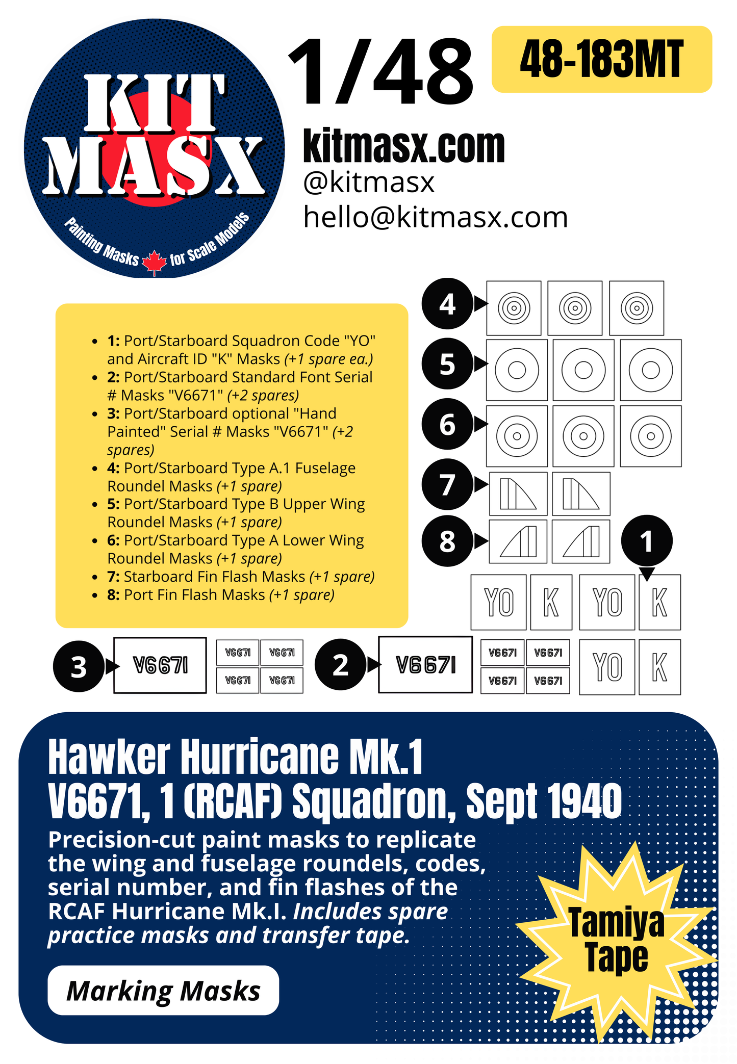 Hawker Hurricane Mk.1 V6671, 1 (RCAF) Squadron, Sept 1940 1/48 Main Marking Paint Masks