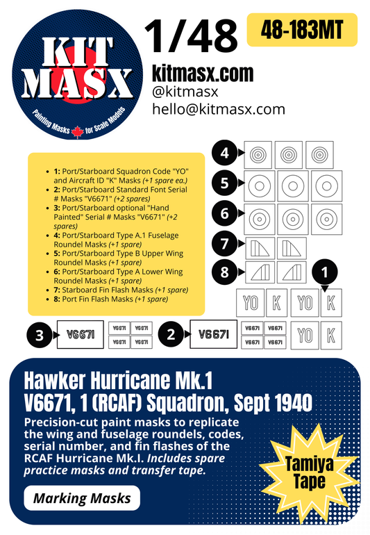Hawker Hurricane Mk.1 V6671, 1 (RCAF) Squadron, Sept 1940 1/48 Main Marking Paint Masks