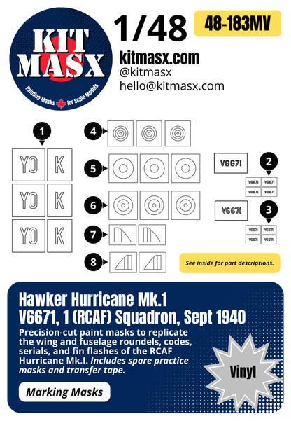 Hawker Hurricane Mk.1 V6671, 1 (RCAF) Squadron, Sept 1940 1/48 Main Marking Paint Masks