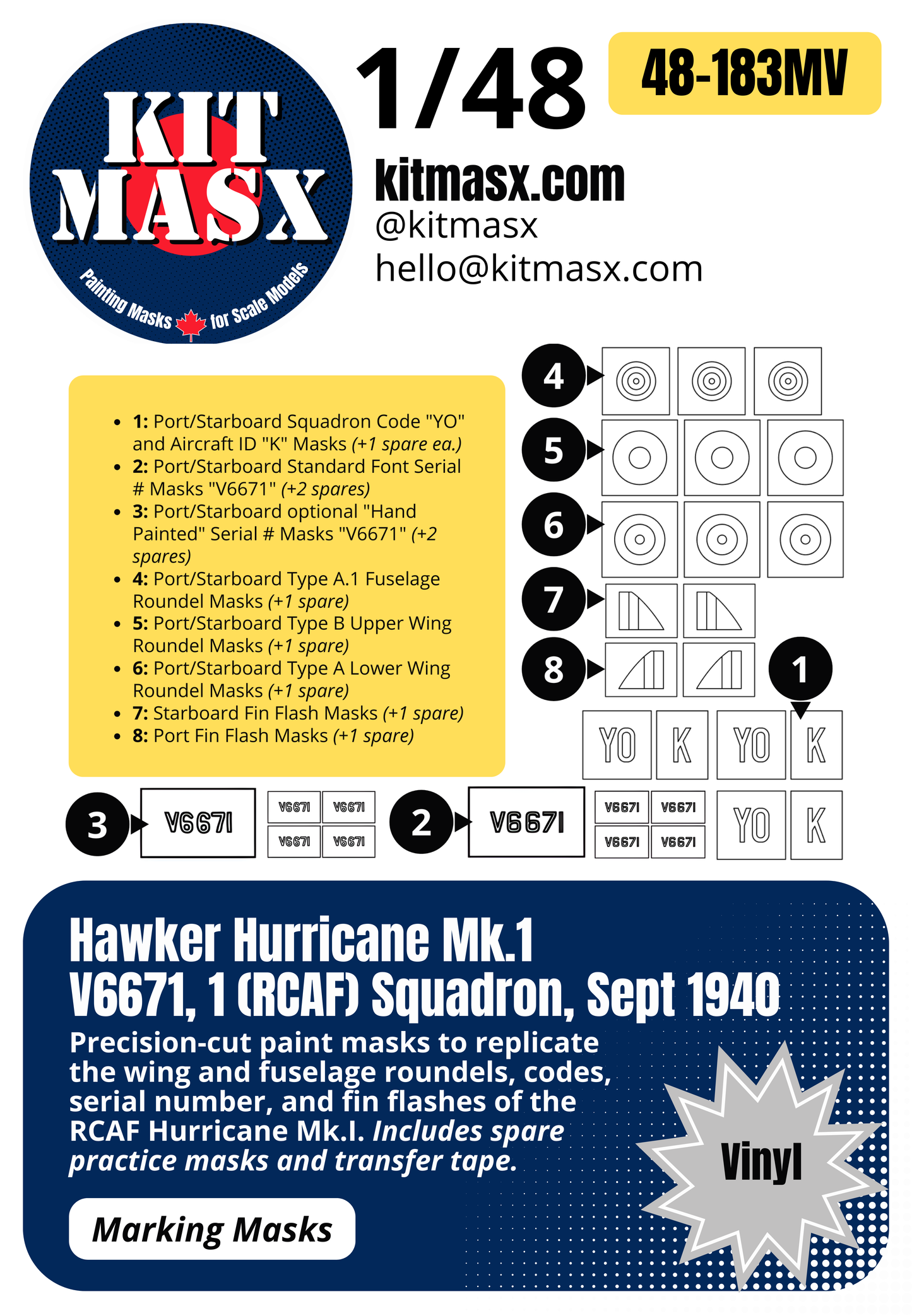 Hawker Hurricane Mk.1 V6671, 1 (RCAF) Squadron, Sept 1940 1/48 Main Marking Paint Masks