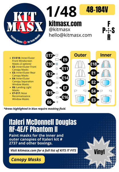 Italeri McDonnell Douglas RF-4E/F Phantom II 1/48 Canopy Paint Masks, Kit # 2737