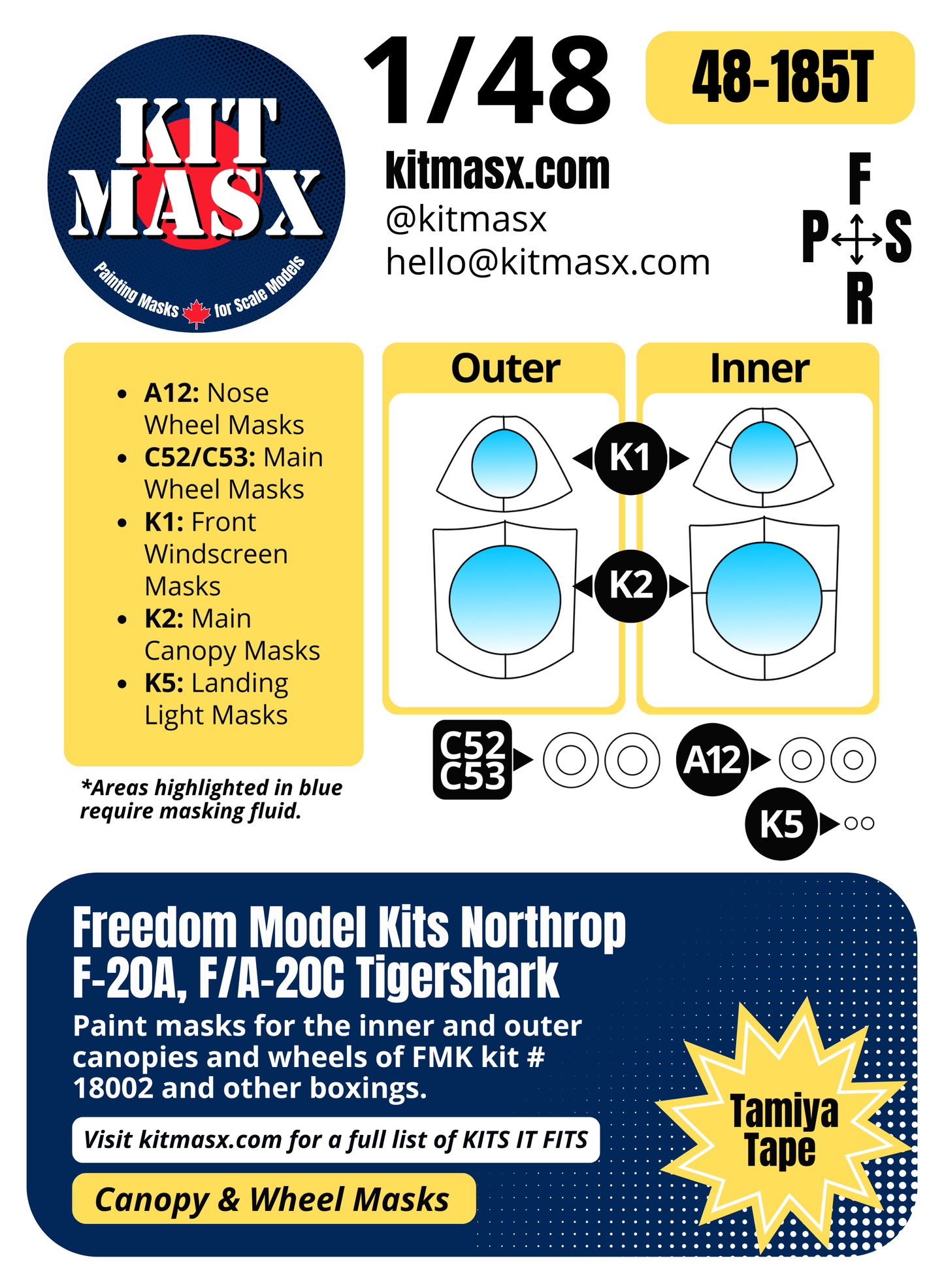 Freedom Model Kits Northrop F-20A, F/A-20C Tigershark 1/48 Canopy & Wheel Paint Masks, Kit # 18002