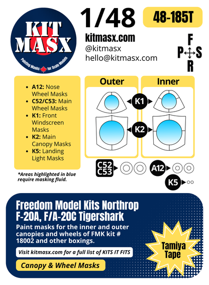 Freedom Model Kits Northrop F-20A, F/A-20C Tigershark 1/48 Canopy & Wheel Paint Masks, Kit # 18002