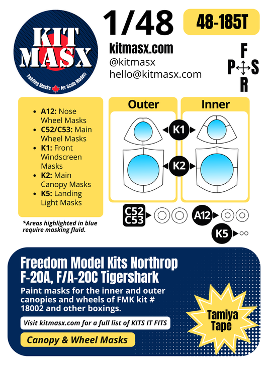 Freedom Model Kits Northrop F-20A, F/A-20C Tigershark 1/48 Canopy & Wheel Paint Masks, Kit # 18002