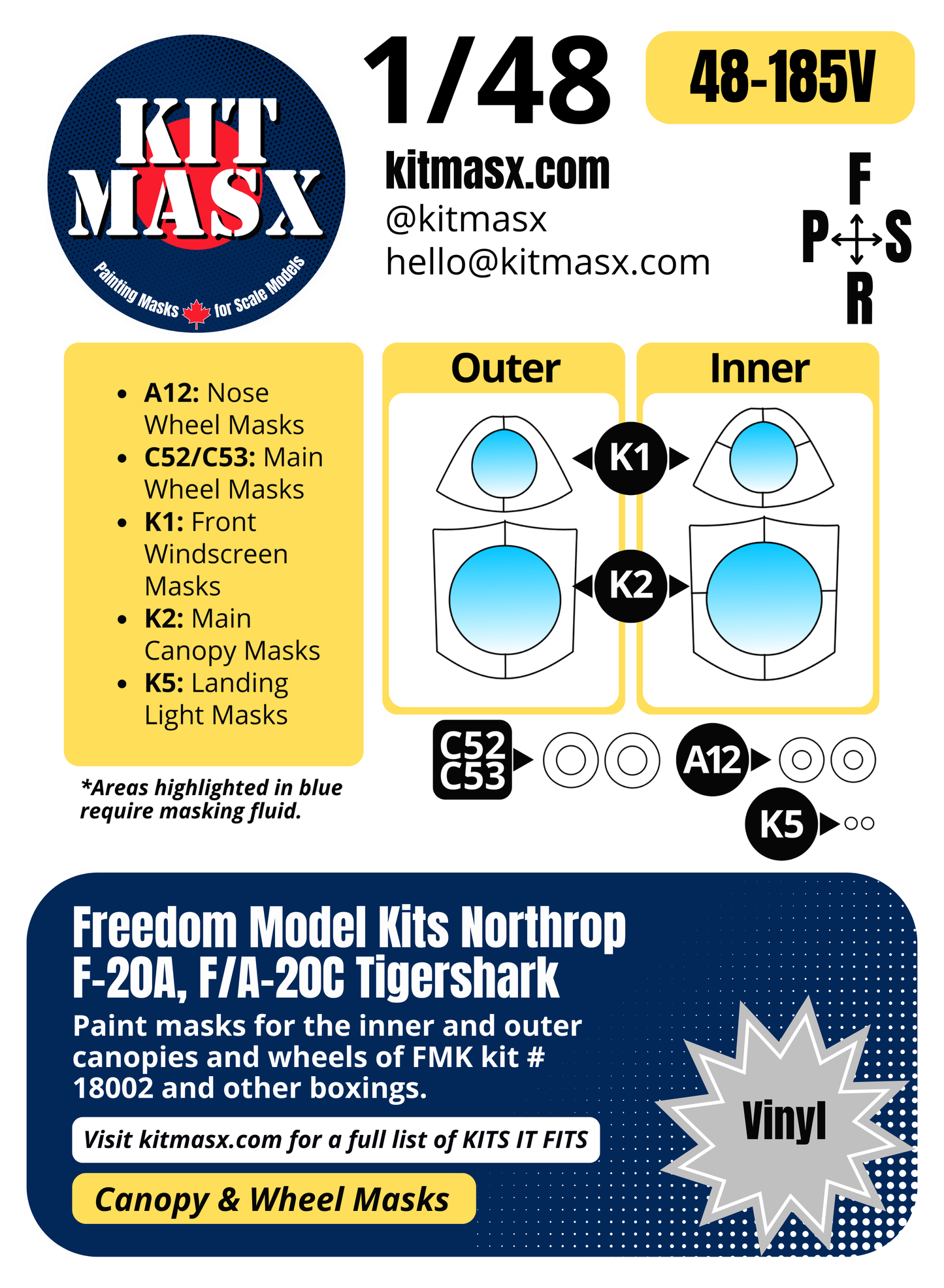 Freedom Model Kits Northrop F-20A, F/A-20C Tigershark 1/48 Canopy & Wheel Paint Masks, Kit # 18002