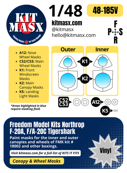 Freedom Model Kits Northrop F-20A, F/A-20C Tigershark 1/48 Canopy & Wheel Paint Masks, Kit # 18002