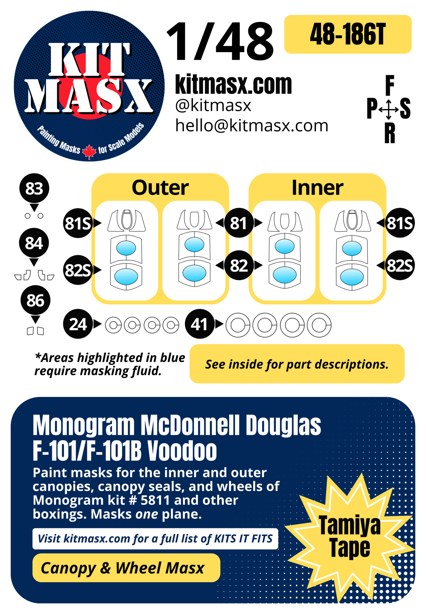 Monogram McDonnell Douglas F-101/F-101B Voodoo 1/48 Canopy & Wheel Paint Masks, Kit # 5811 (48186)