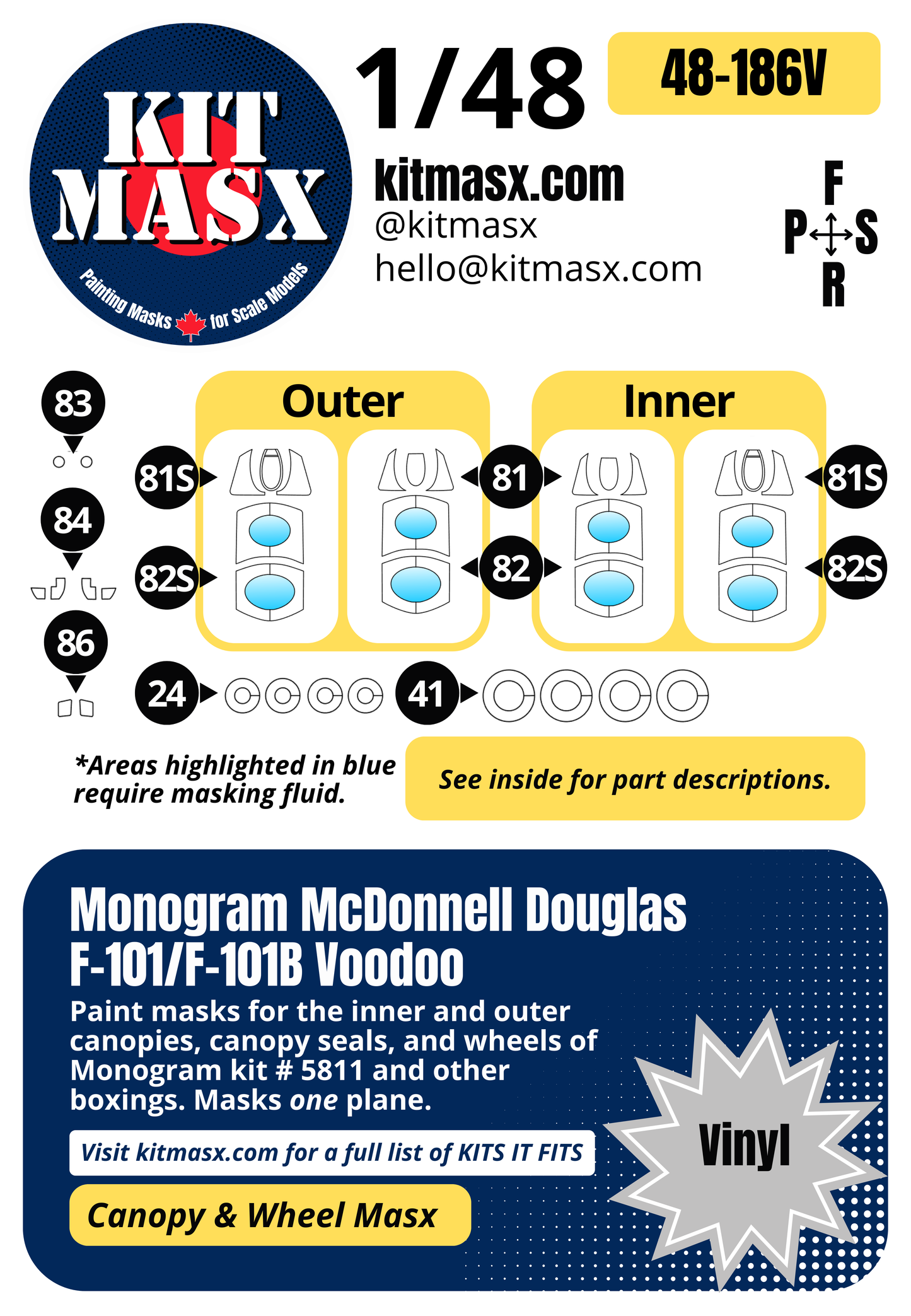 Monogram McDonnell Douglas F-101/F-101B Voodoo 1/48 Canopy & Wheel Paint Masks, Kit # 5811 (48186)