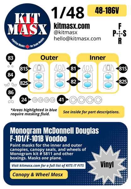 Monogram McDonnell Douglas F-101/F-101B Voodoo 1/48 Canopy & Wheel Paint Masks, Kit # 5811 (48186)
