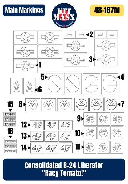 Consolidated B-24 Liberator "Racy Tomato!" 1/48 Main Marking Paint Masks