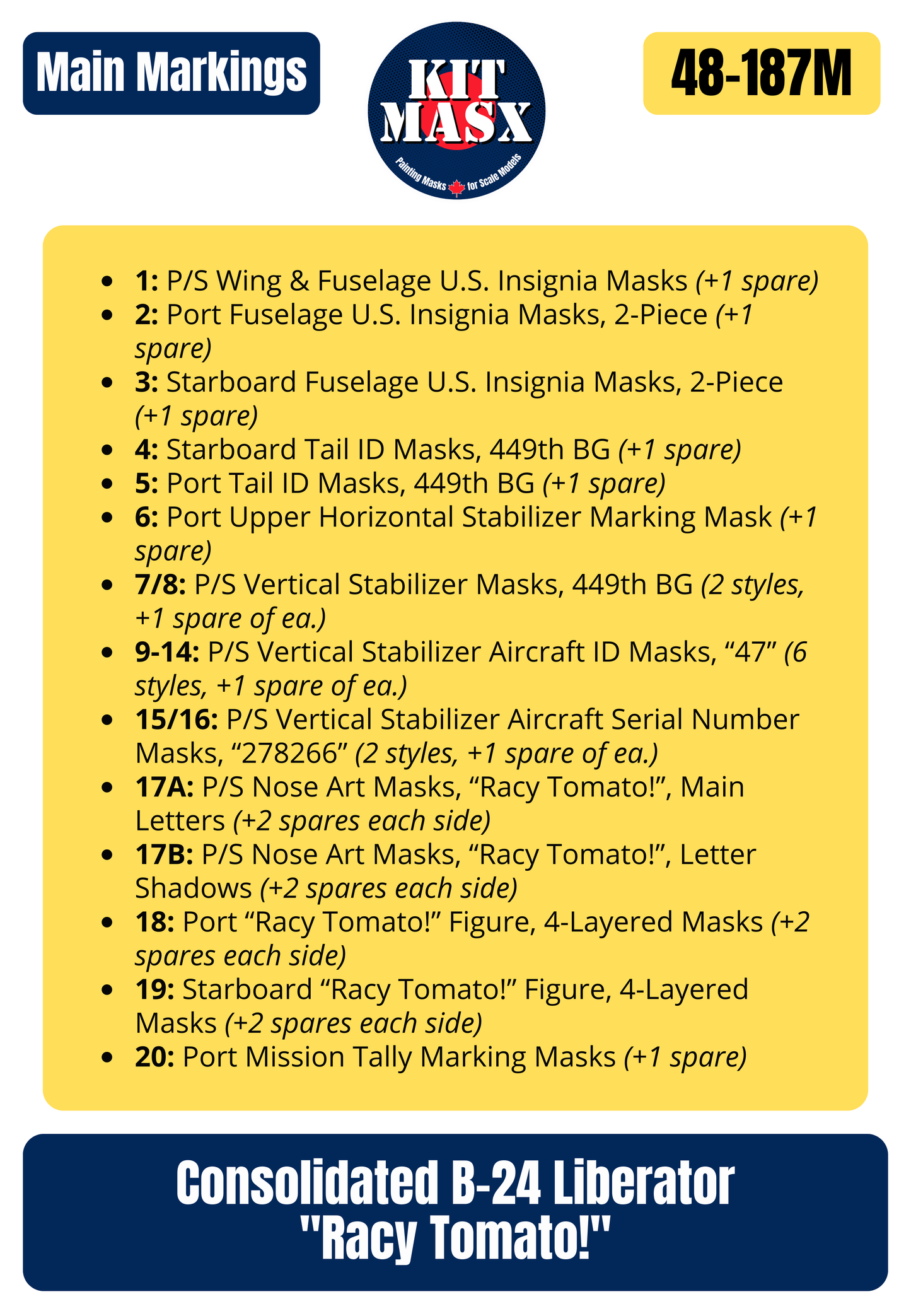 Consolidated B-24 Liberator "Racy Tomato!" 1/48 Main Marking Paint Masks