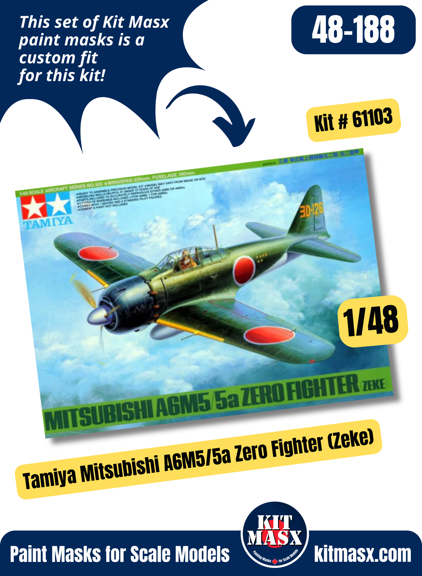 Tamiya Mitsubishi A6M3/3a, A6M5/5a Zero "Zeke" 1/48 Canopy & Wheel Paint Masks, Kit # 61103