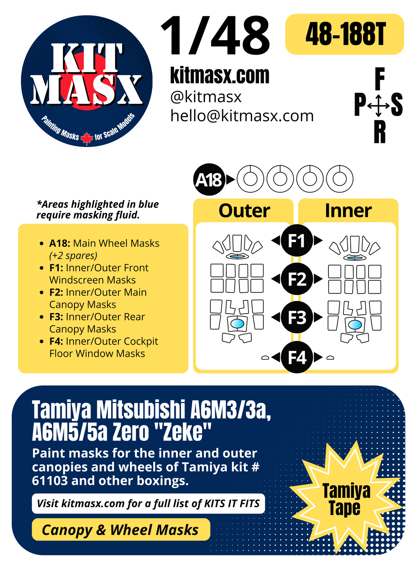 Tamiya Mitsubishi A6M3/3a, A6M5/5a Zero "Zeke" 1/48 Canopy & Wheel Paint Masks, Kit # 61103