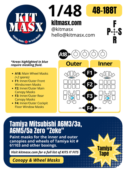 Tamiya Mitsubishi A6M3/3a, A6M5/5a Zero "Zeke" 1/48 Canopy & Wheel Paint Masks, Kit # 61103