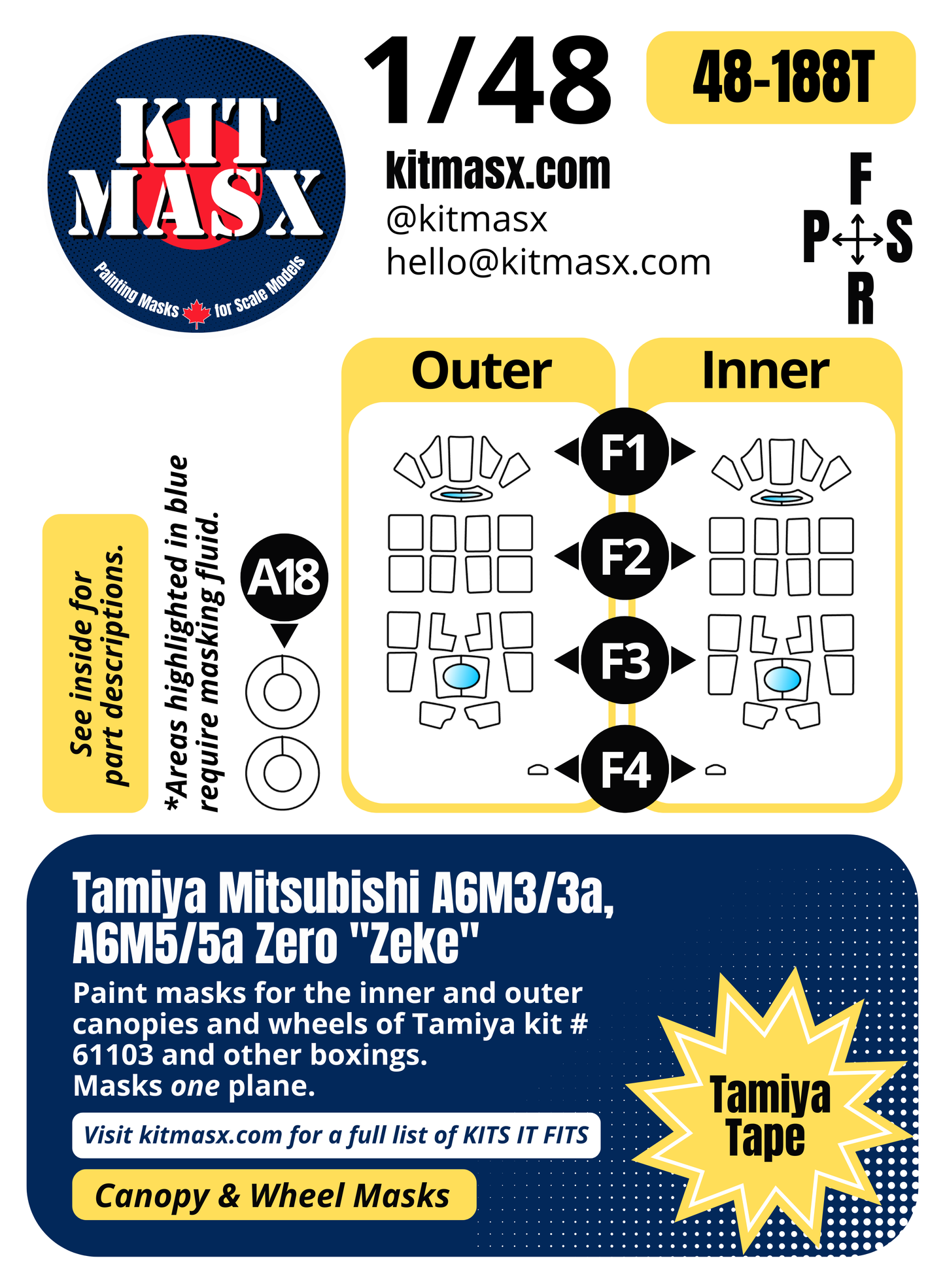Tamiya Mitsubishi A6M3/3a, A6M5/5a Zero "Zeke" 1/48 Canopy & Wheel Paint Masks, Kit # 61103 (48188)