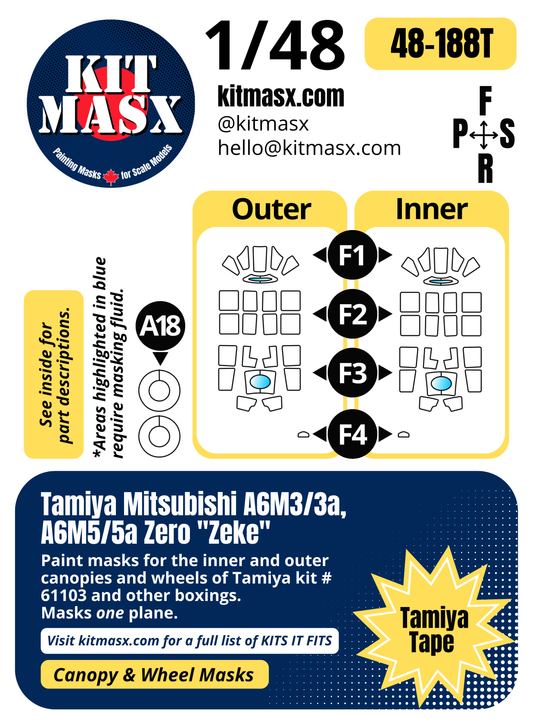 Tamiya Mitsubishi A6M3/3a, A6M5/5a Zero "Zeke" 1/48 Canopy & Wheel Paint Masks, Kit # 61103 (48188)