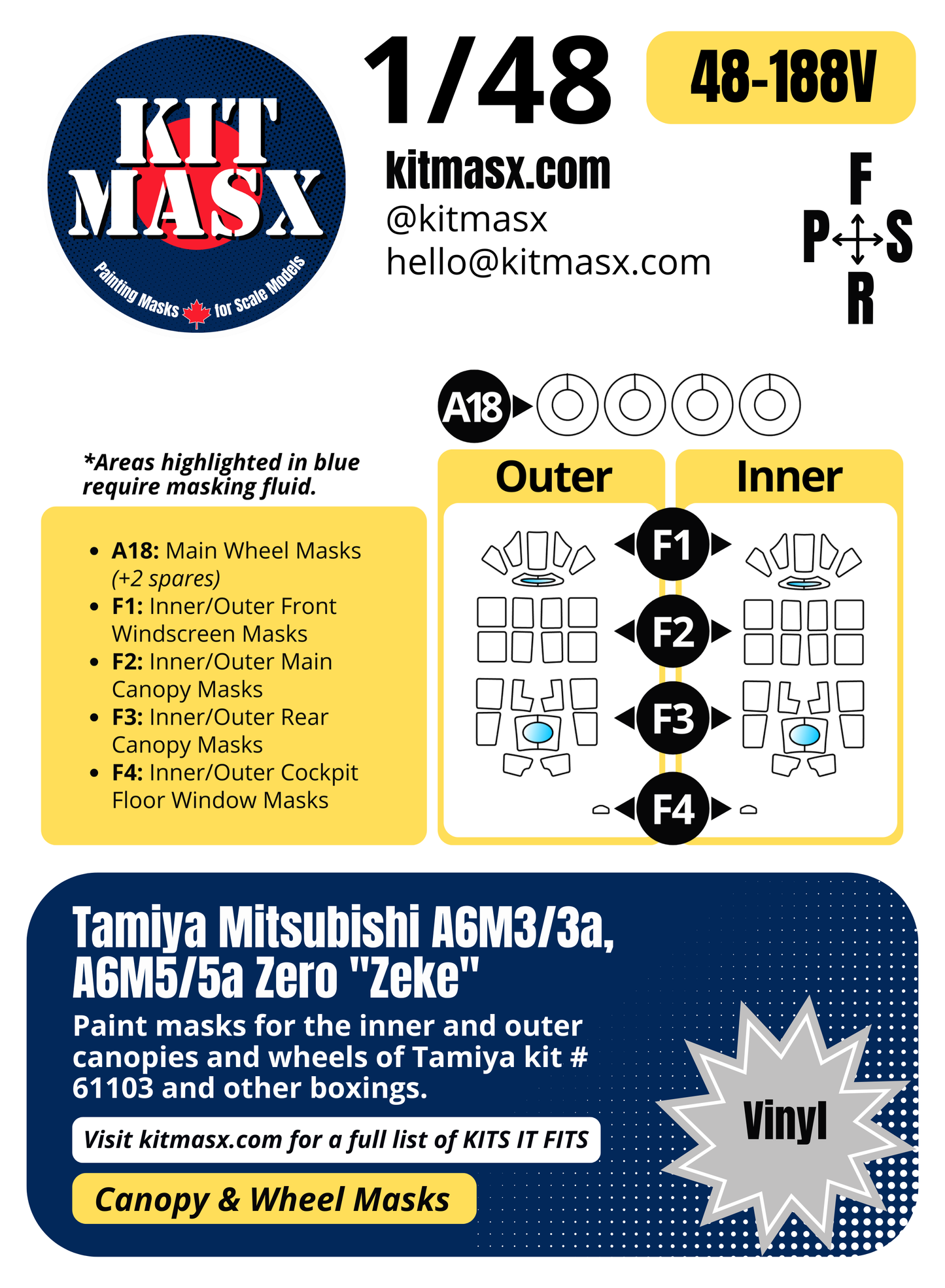 Tamiya Mitsubishi A6M3/3a, A6M5/5a Zero "Zeke" 1/48 Canopy & Wheel Paint Masks, Kit # 61103