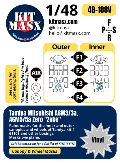 Tamiya Mitsubishi A6M3/3a, A6M5/5a Zero "Zeke" 1/48 Canopy & Wheel Paint Masks, Kit # 61103 (48188)