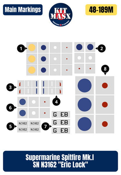 Supermarine Spitfire Mk.I SN N3162 "Eric Lock" 1/48 Main Marking Paint Masks
