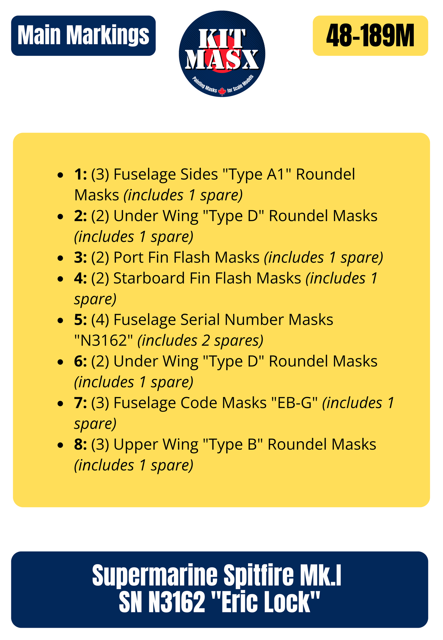Supermarine Spitfire Mk.I SN N3162 "Eric Lock" 1/48 Main Marking Paint Masks