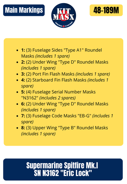 Supermarine Spitfire Mk.I SN N3162 "Eric Lock" 1/48 Main Marking Paint Masks