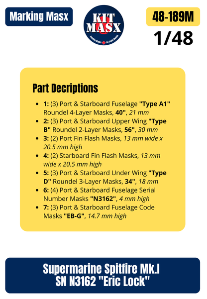 Supermarine Spitfire Mk.I SN N3162 "Eric Lock" 1/48 Main Marking Paint Masks (48189M)