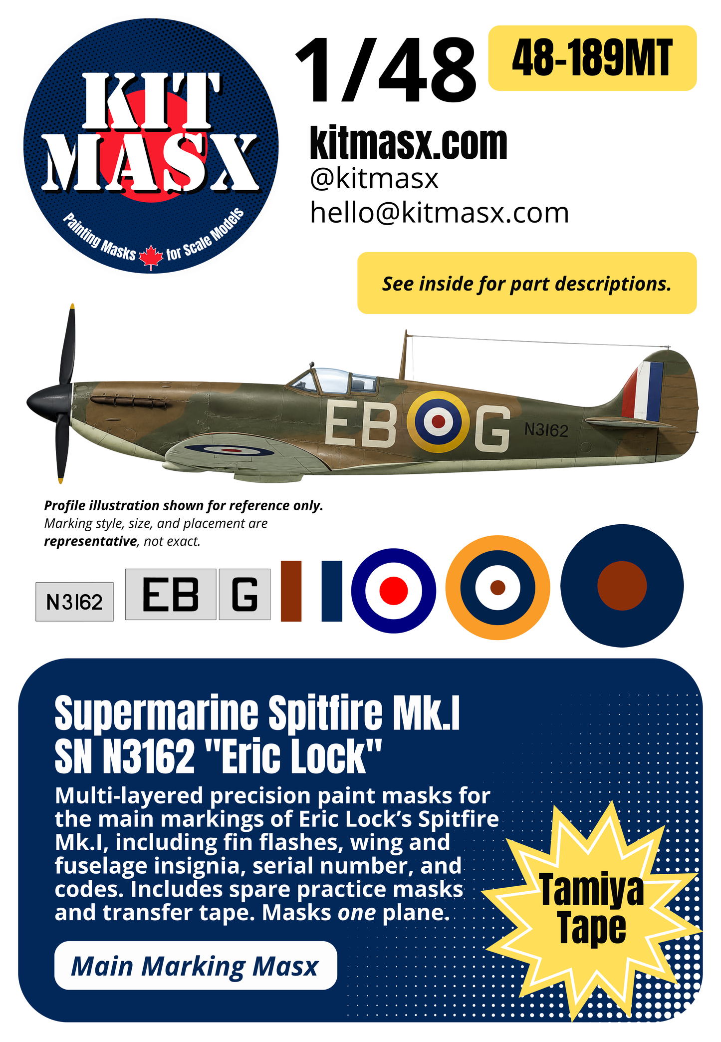 Supermarine Spitfire Mk.I SN N3162 "Eric Lock" 1/48 Main Marking Paint Masks (48189M)