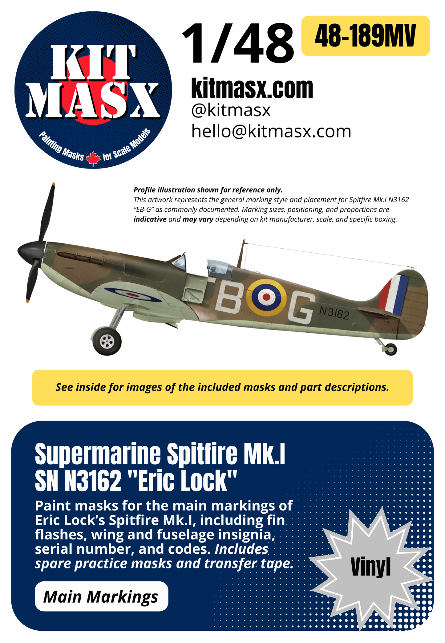 Supermarine Spitfire Mk.I SN N3162 "Eric Lock" 1/48 Main Marking Paint Masks
