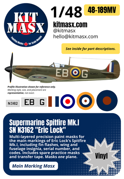 Supermarine Spitfire Mk.I SN N3162 "Eric Lock" 1/48 Main Marking Paint Masks (48189M)