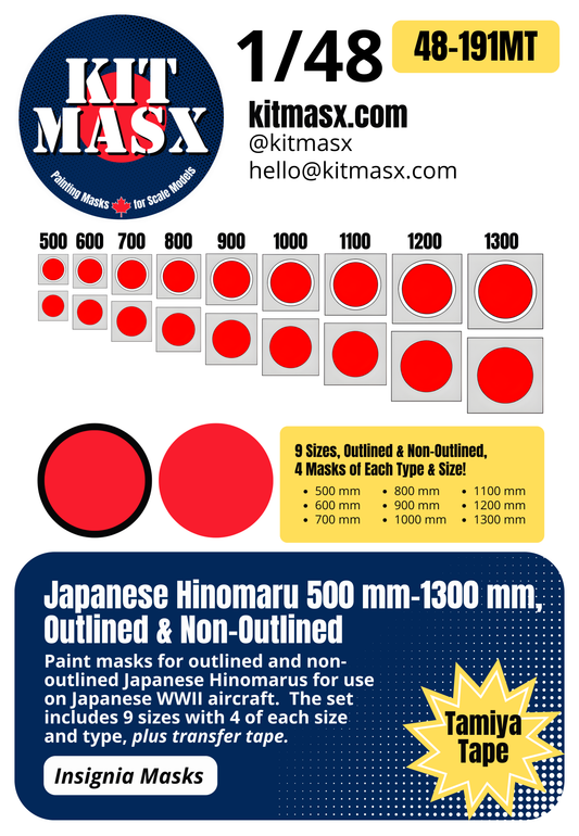 Japanese Hinomaru 500 mm-1300 mm, Outlined & Non-Outlined 1/48 National Insignia Paint Masks