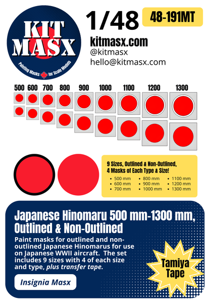 Japanese Hinomaru 500 mm-1300 mm, Outlined & Non-Outlined 1/48 National Insignia Paint Masks