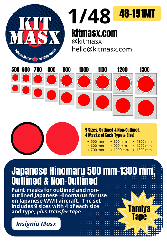 Japanese Hinomaru 500 mm-1300 mm, Outlined & Non-Outlined 1/48 National Insignia Paint Masks