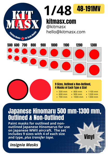 Japanese Hinomaru 500 mm-1300 mm, Outlined & Non-Outlined 1/48 National Insignia Paint Masks
