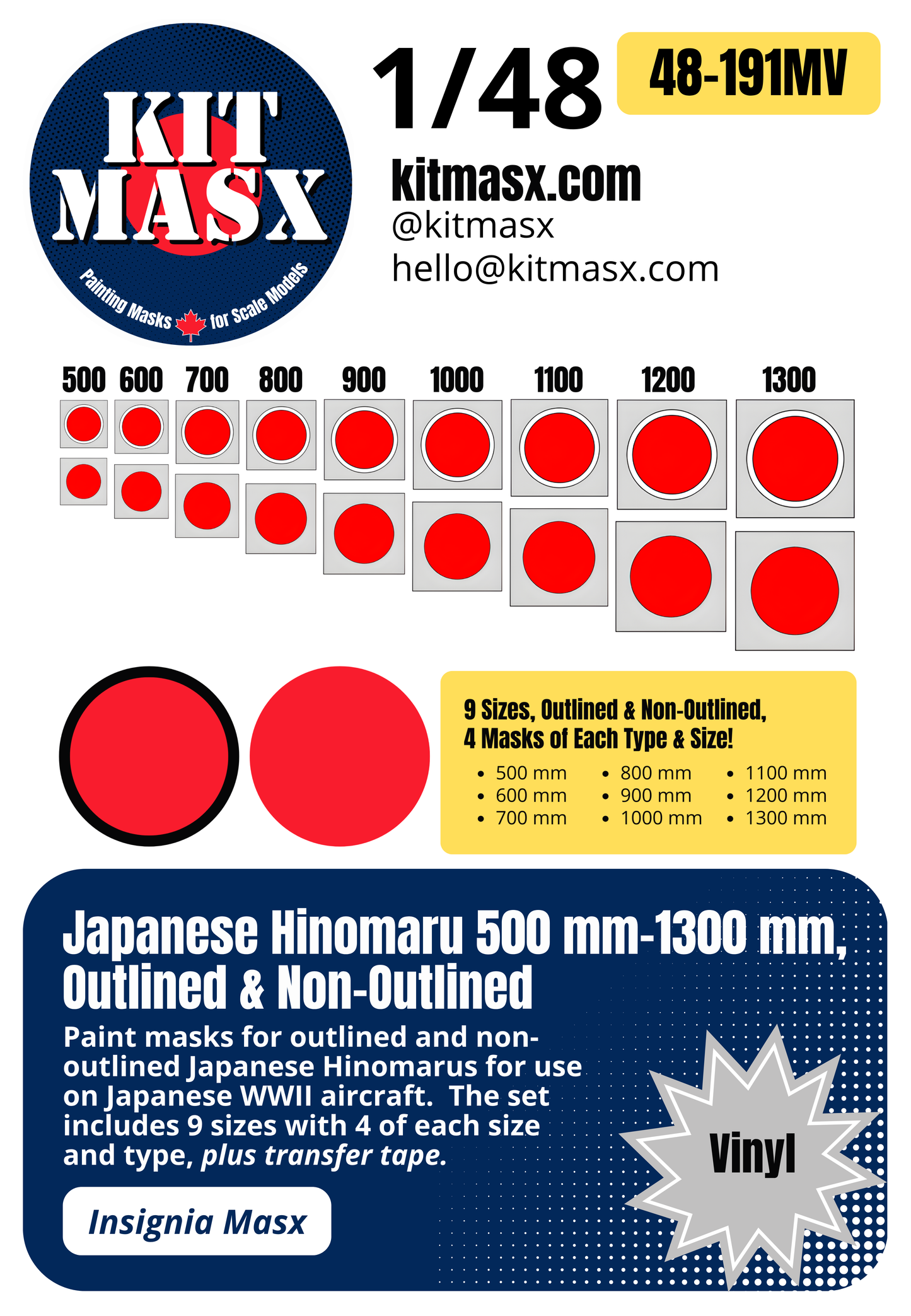 Japanese Hinomaru 500 mm-1300 mm, Outlined & Non-Outlined 1/48 National Insignia Paint Masks