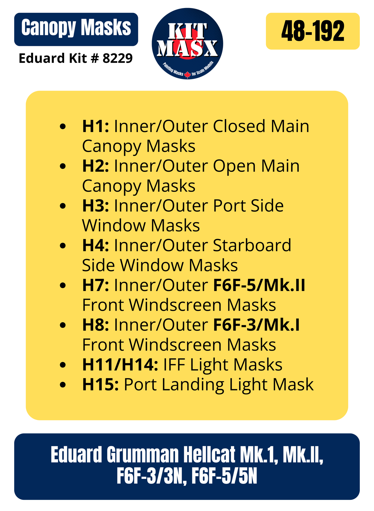 Eduard Grumman Hellcat Mk.I, Mk.II, F6F-3/3N, F6F-5/5N 1/48 Canopy Paint Masks, Kit # 8229