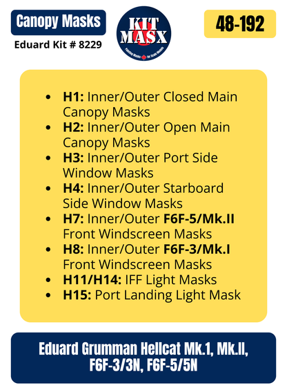 Eduard Grumman Hellcat Mk.I, Mk.II, F6F-3/3N, F6F-5/5N 1/48 Canopy Paint Masks, Kit # 8229
