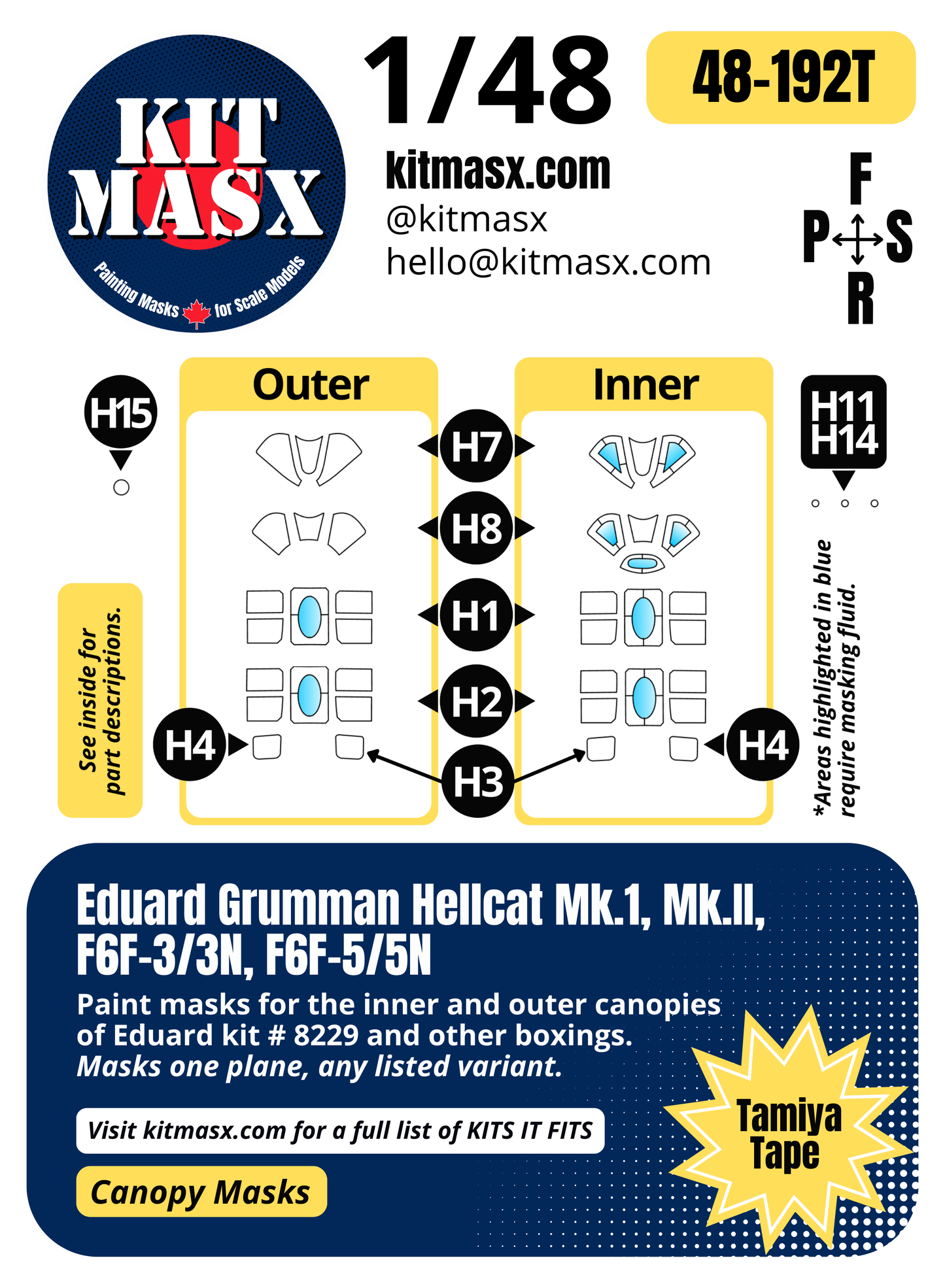 Eduard Grumman Hellcat Mk.I, Mk.II, F6F-3/3N, F6F-5/5N 1/48 Canopy Paint Masks, Kit # 8229