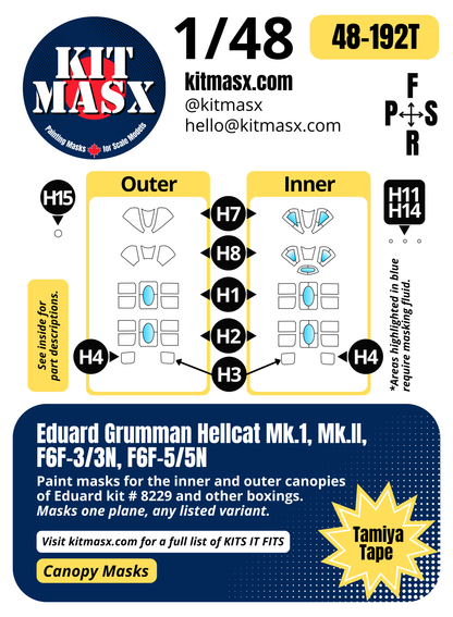 Eduard Grumman Hellcat Mk.I, Mk.II, F6F-3/3N, F6F-5/5N 1/48 Canopy Paint Masks, Kit # 8229